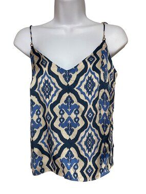 Zara Blue & Cream Ikat Print V-Neck Camisole Top With Adjustable Straps Size S